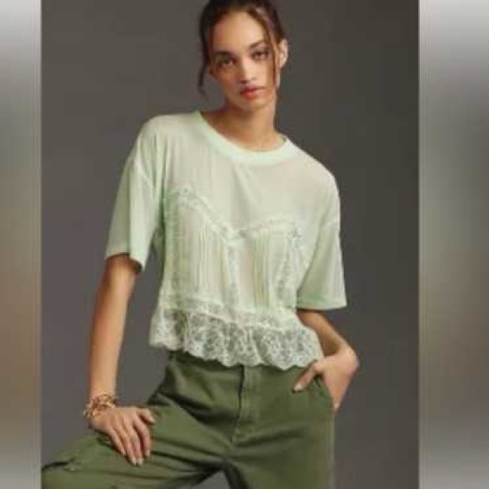 Anthropologie Mint Green Lace-Trim Blouse